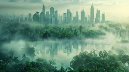A city in the middle of a jungle with a river flowing through it.