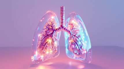 A close up of a lung with a glowing blue and purple hue. The lung is surrounded by a clear plastic casing, giving it a futuristic appearance