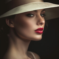 A sophisticated woman with red lips wearing a wide-brimmed white hat casts a mysterious shadow over her features