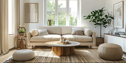 b'Bright living room with large windows and a comfortable sofa'