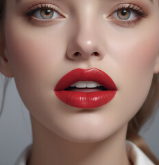 A girl's face, lips painted with bright red lipstick.