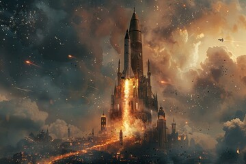 b'A steampunk rocket launch from a gothic cathedral' - obrazy, fototapety, plakaty