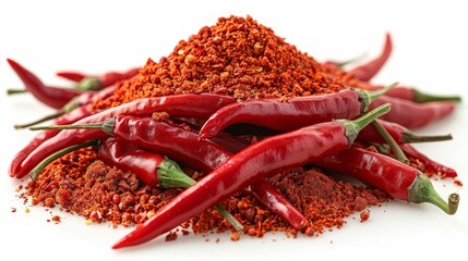 A pile of red chili peppers and chili powder on a white background
