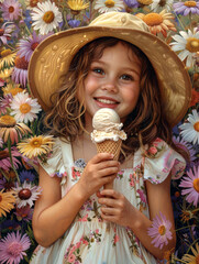 Colorful illustration captures child's joy while eating ice cream - obrazy, fototapety, plakaty