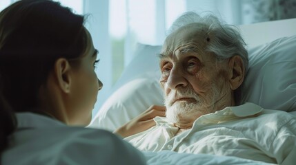 An elderly man in bed in close-up. Elderly care, hospice care. Long-term care for the elderly, rehabilitation
