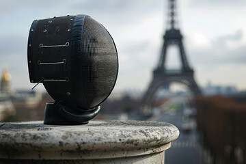 black fencing mask against blurred eiffel tower backdrop, , olympic games concept - obrazy, fototapety, plakaty