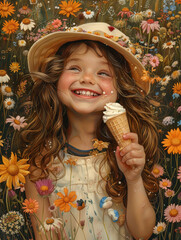 Innocent bliss: child enjoys ice cream in beautiful wildflower garden - obrazy, fototapety, plakaty