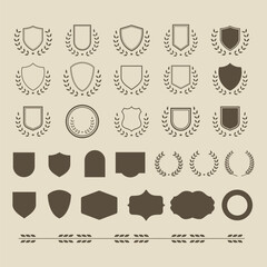 Shields set. Collection of security shield icons with contours and linear signs. Design elements for concept of safety and protection. Vector illustration.