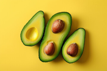 Fresh ripe avocados cut in half on vibrant yellow background, one sliced in half, one whole, and one pit visible