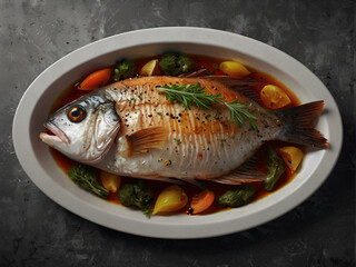 Fish in a plate, with spices and herbs, in sauce