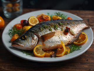 Fish in a plate, with spices and herbs, in sauce