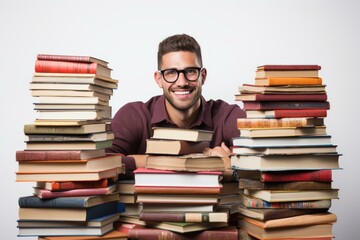 b'Portrait of a male student smiling with a stack of books'