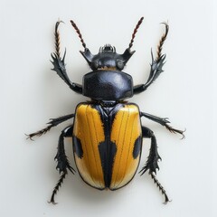 b'A golden and black beetle with a unique horn-like structure on its head'