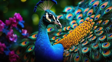 A portrait detailed and captivating portrait of a regal peacock displaying its magnificent plumage, AI Generative