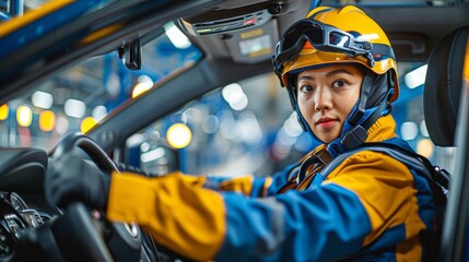 A female race car driver wearing a yellow and blue fire suit and helmet sits in the driver's seat of a race car. - obrazy, fototapety, plakaty