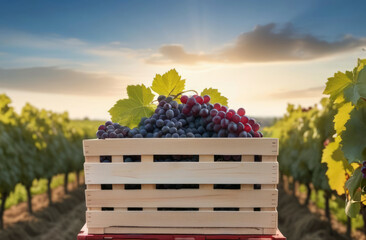 Wooden box with ripe red grapes among rows of beds in a winery plantation. Harvesting in a sunny...