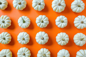 Pattern of White Pumpkins on Orange Background, Top View for Fall and Thanksgiving Season Decorations
