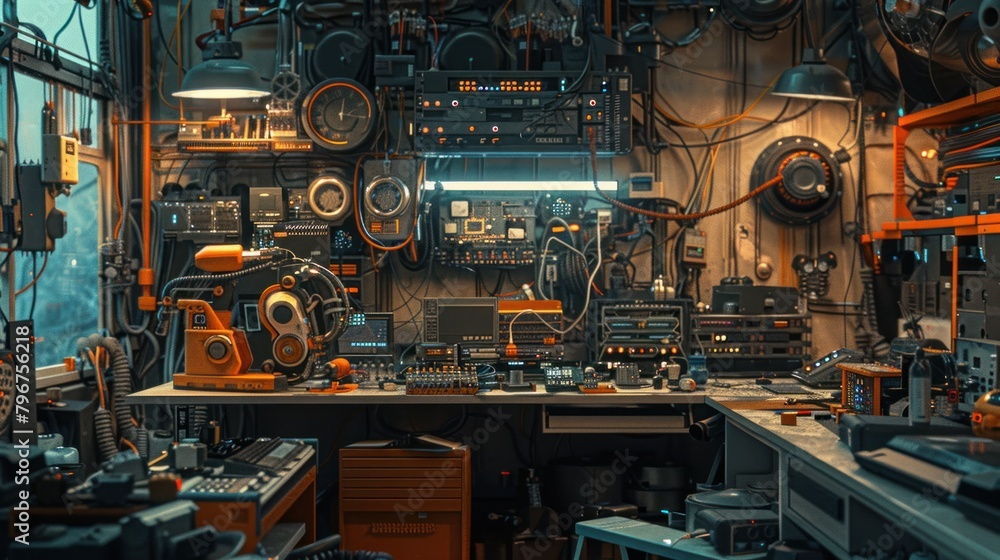 Poster electrical engineer bot meticulously assembles parts in an electronics factory.