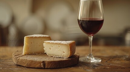 A minimalist composition featuring a glass of red wine and a wedge of aged cheese on a wooden board. - obrazy, fototapety, plakaty