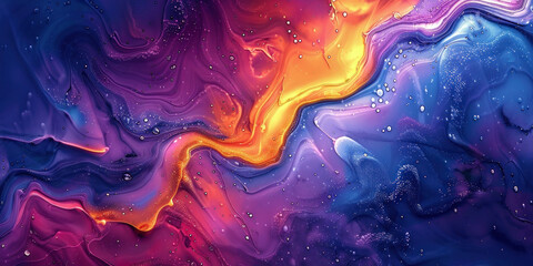 Abstract Flowing Colorful Liquid on Black and Blue Background A dynamic and vibrant painting capturing the movement of liquid in vivid colors