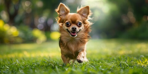 b'A cute chihuahua is running on the grass'