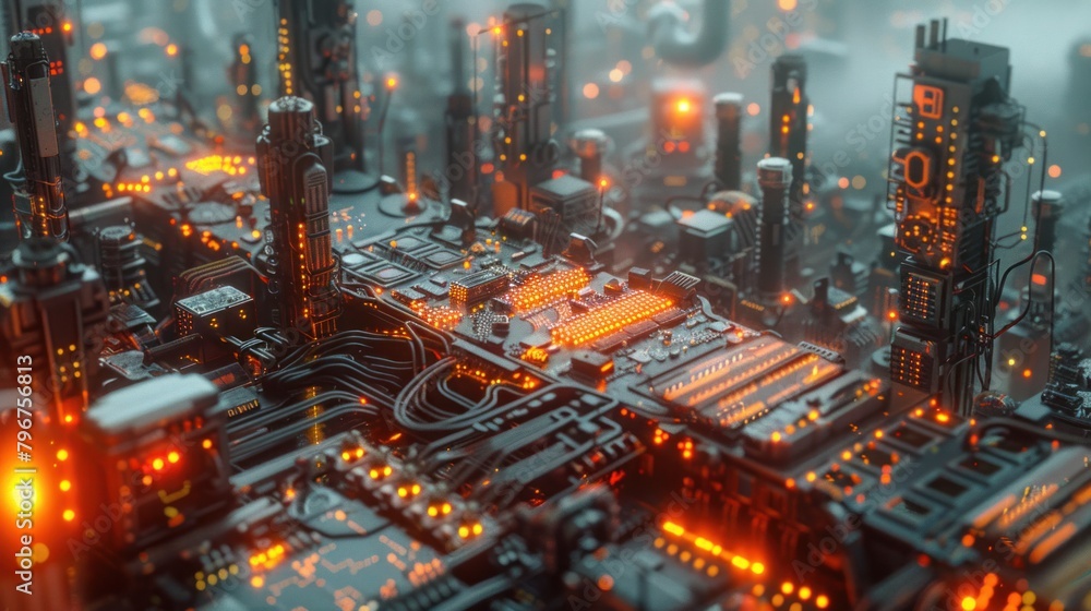 Poster electrical engineer bot meticulously assembles parts in an electronics factory.