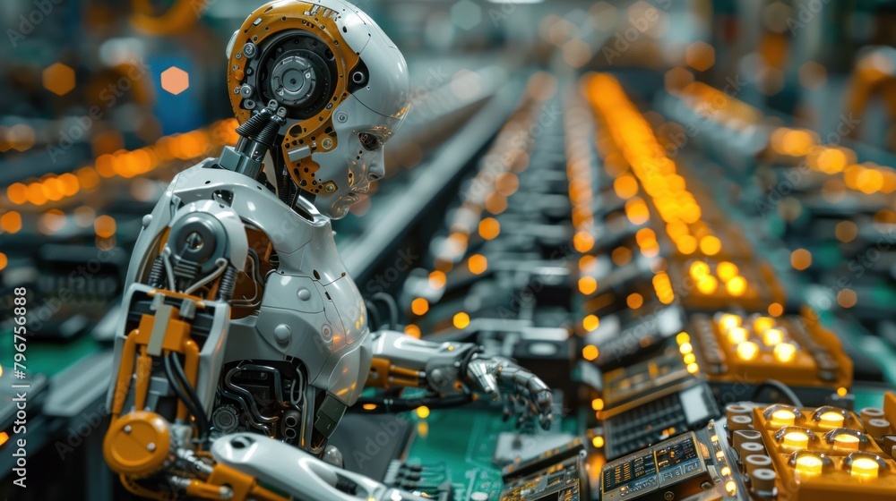 Poster electrical engineer bot meticulously assembles parts in an electronics factory.