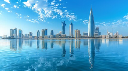 Manama's skyline with modern skyscrapers and Bahrain World Trade Center, clear day, high-definition, no glare, --ar 16:9 --stylize 250 Job ID: f817c476-63ae-415b-8bd7-07c6387cb844