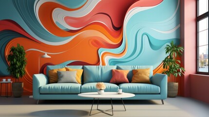 b'Blue sofa in front of a multi-colored wave wallpaper'