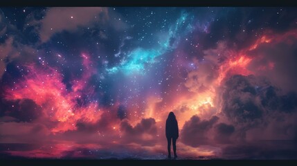 b'girl standing alone in front of beautiful nebula' - obrazy, fototapety, plakaty