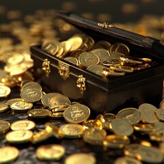 3D gold coins spilling out of a black treasure chest