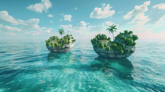 3D rendered heart shaped islands in a clear ocean view