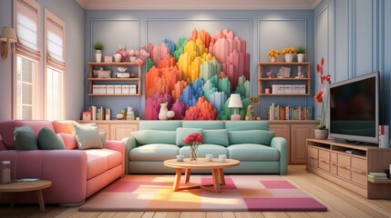 b'A cozy living room with a colorful 3D wall'