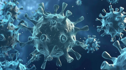 A group of blue viruses are floating in the air