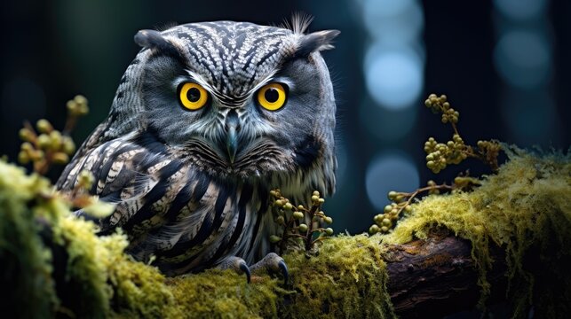 photo of a wise and powerful owl perched on a moss-covered tree branch at twilight, AI Generative