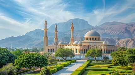 Muscat's skyline with Sultan Qaboos Grand Mosque and Al Alam Palace, clear sunny day, high-definition, no glare, --ar 16:9 --stylize 250 Job ID: 4e02fba1-cd29-47d2-8dfb-fc1aef6c4835