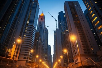 Fototapeta premium b'Modern city street with skyscrapers at night'