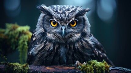 picture of a wise and powerful owl perched on a moss-covered tree branch at twilight, AI Generative