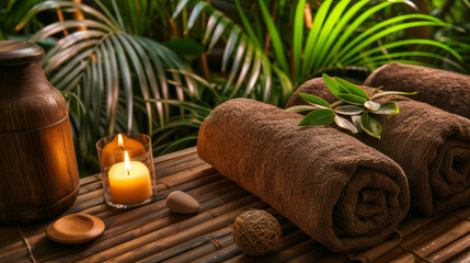 A candle and two towels are on a wooden table in a jungle setting