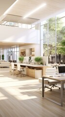 Fototapeta premium b'An illustration of a modern office space with large windows, wooden furniture, and a variety of plants'
