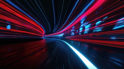 Red and blue light streaks racing on a racetrack at night - obrazy, fototapety, plakaty