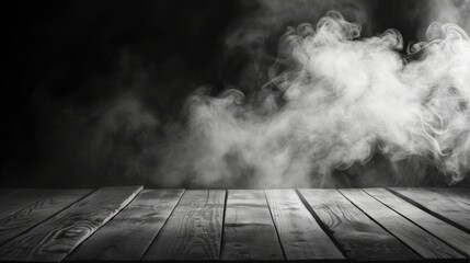 Smoke is most noticeable on the wooden floor and table shelf - obrazy, fototapety, plakaty