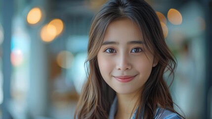 Obraz premium Portrait of a young woman with long hair, smiling, in a soft-focus indoor setting. Concept for fashion, beauty, and lifestyle. Design for poster, wallpaper, and banner.