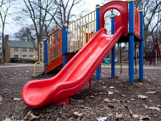 red slides in childrens playground in residential areas