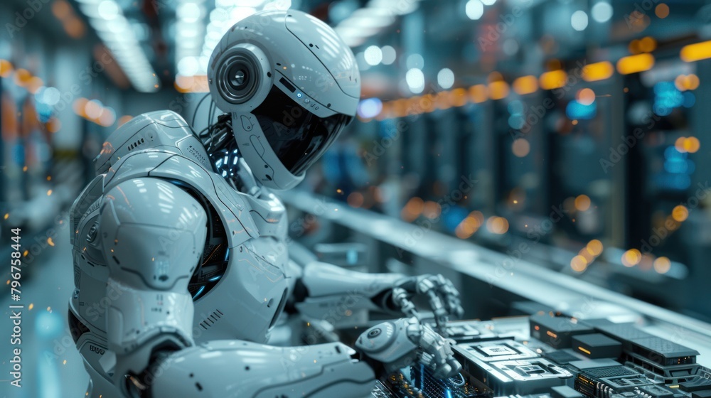 Aufkleber electrical engineer bot meticulously assembles parts in an electronics factory.