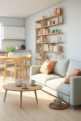 b'A cozy living room with a sofa, coffee table, bookshelf, and dining table'