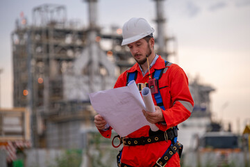 Engineer survey team wear uniform and helmet stand workplace checking blueprint project , radio communication and engineer box inspection work construction site with oil refinery background - obrazy, fototapety, plakaty