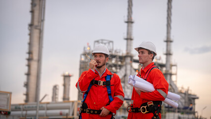 Engineer survey team wear uniform and helmet stand workplace checking blueprint project , radio communication and engineer box inspection work construction site with oil refinery background - obrazy, fototapety, plakaty