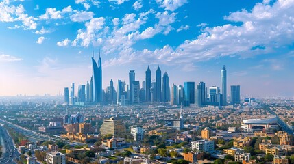 Riyadh's skyline with modern towers and Faisaliyah Center, clear day, high-definition, no glare,...