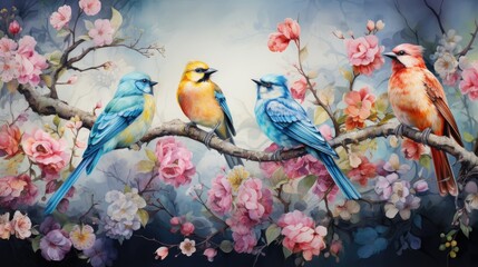 a image intricate watercolor composition portraying a variety of exotic birds perched on blooming branches, AI Generative